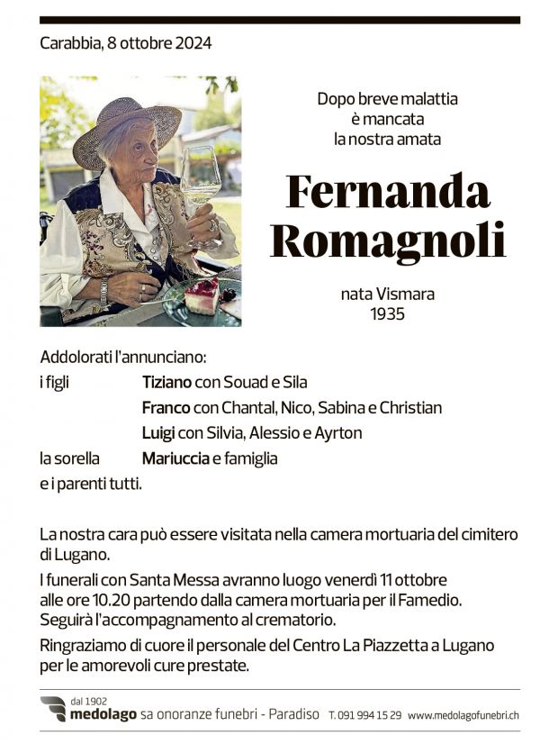 Annuncio funebre Fernanda Romagnoli