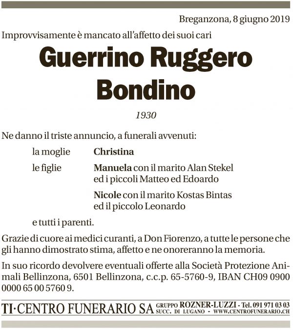 Annuncio funebre Guerrino Ruggero Bondino