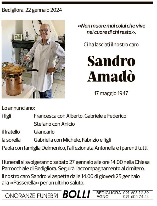 Annuncio funebre Sandro Amadò