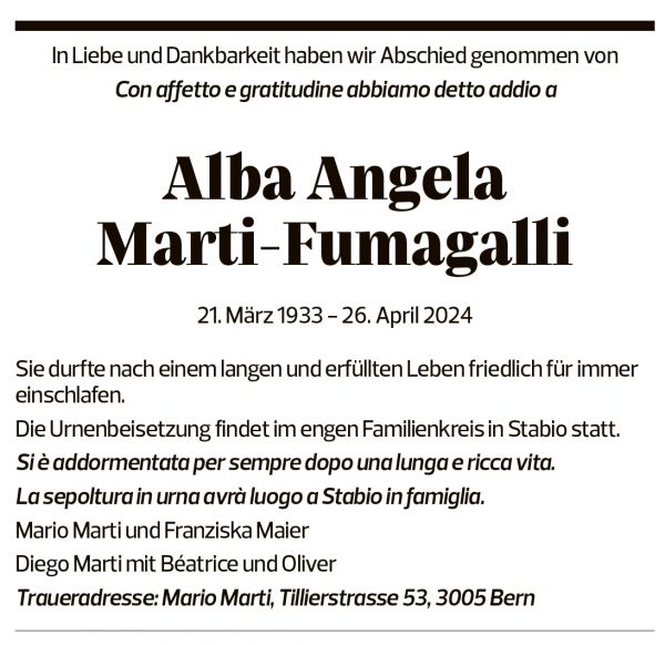 Annuncio funebre Alba Angela Marti-fumagalli