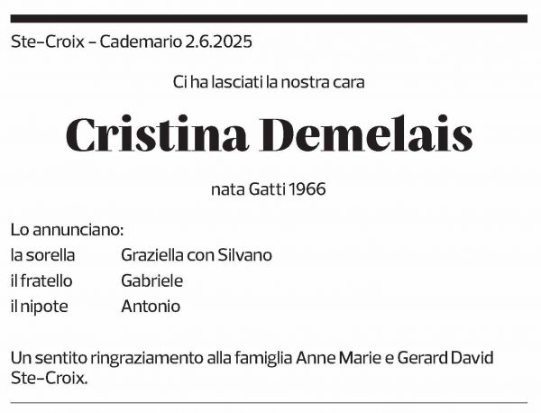 Annuncio funebre Cristina Demelais