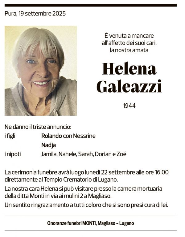Annuncio funebre Helena Galeazzi