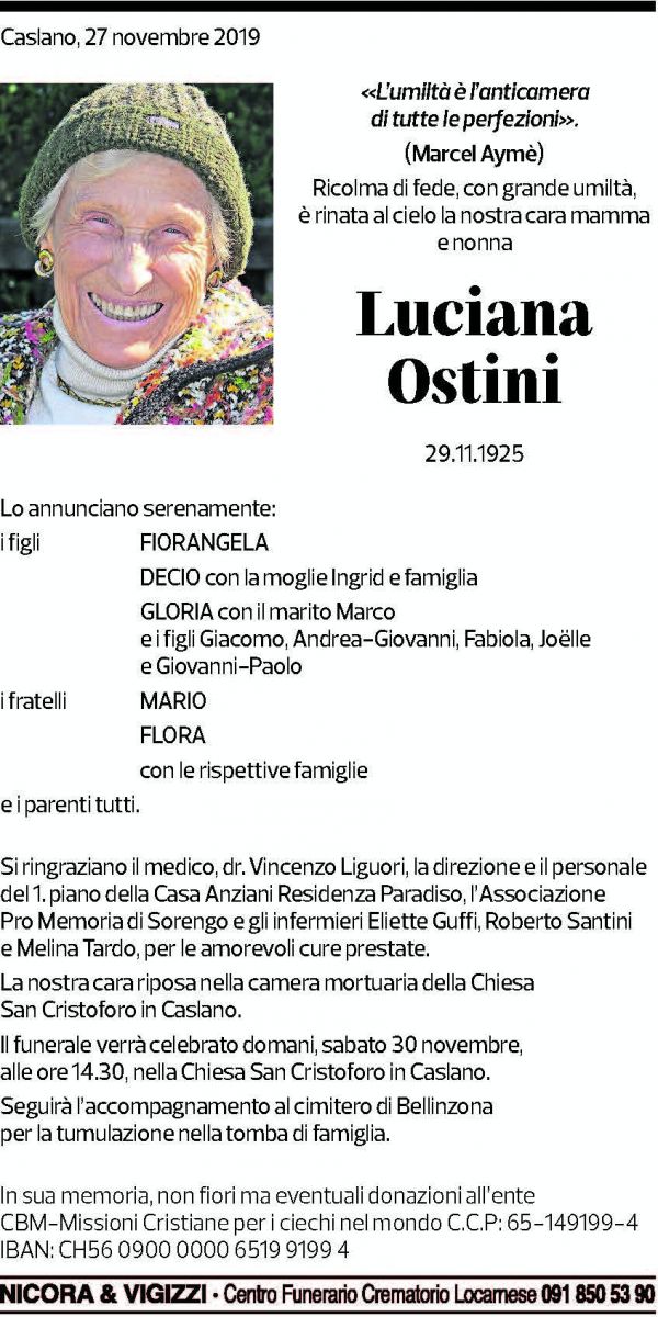 Annuncio funebre Luciana Ostini