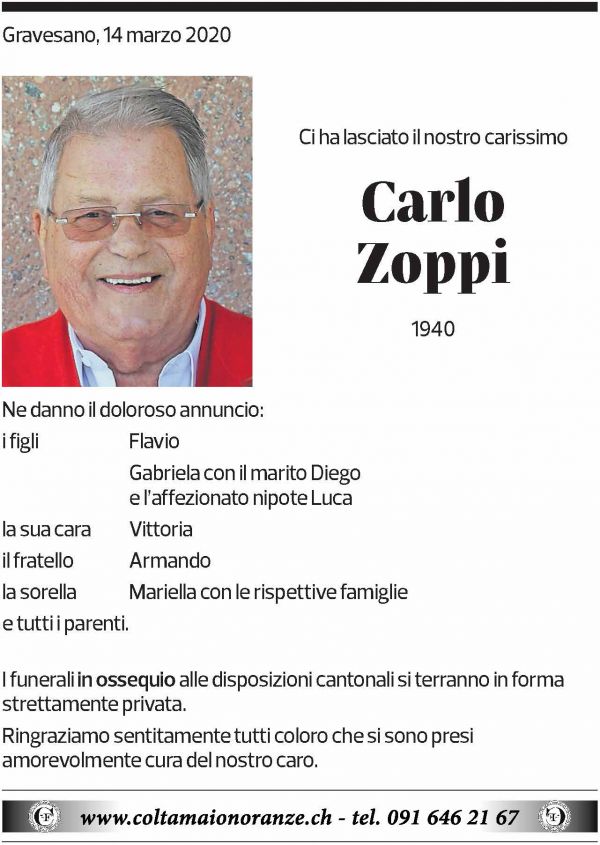 Annuncio funebre Carlo Zoppi