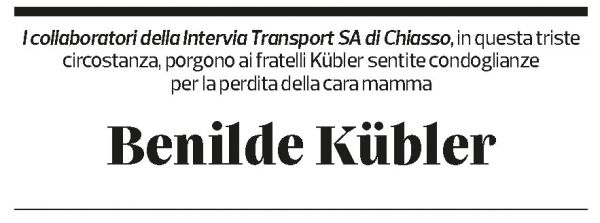 Annuncio funebre Benilde Kübler