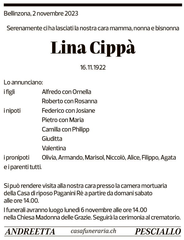 Annuncio funebre Lina Cippà