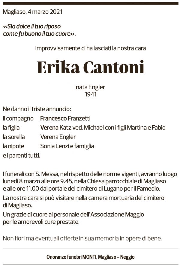 Annuncio funebre Erika Cantoni