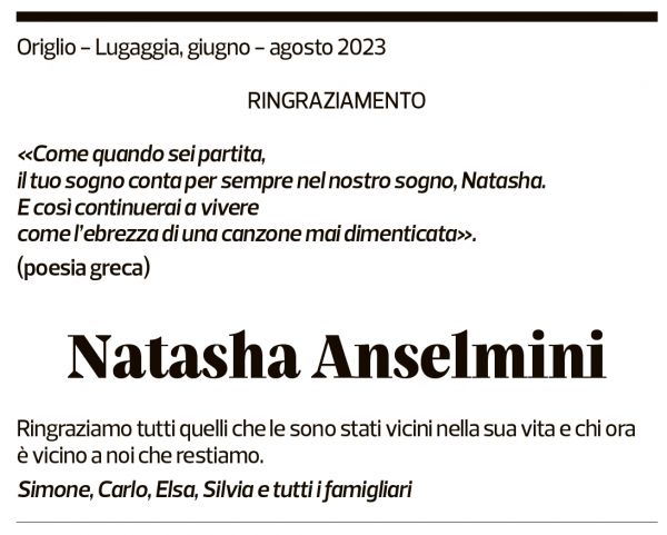 Annuncio funebre Natasha Anselmini