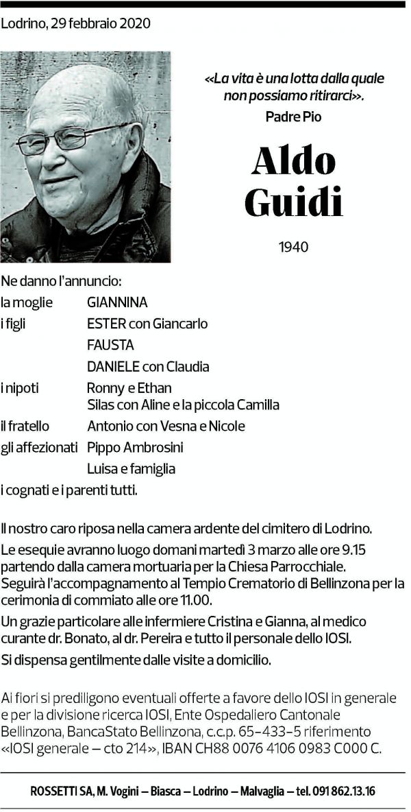 Annuncio funebre Aldo Guidi