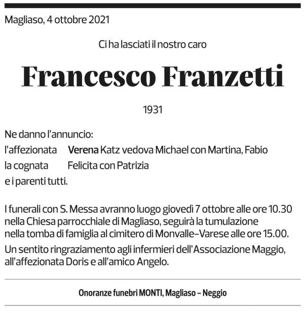 Annuncio funebre Francesco Franzetti