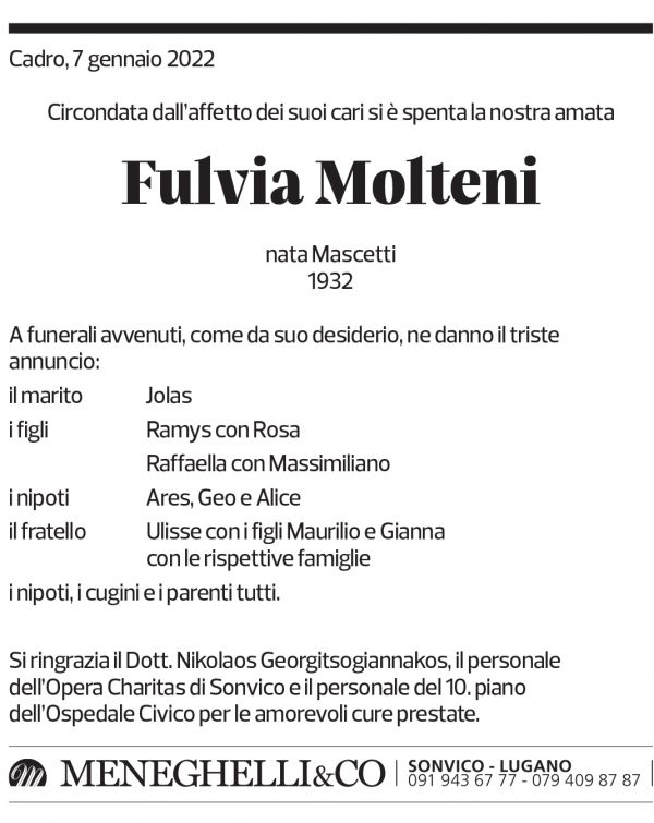 Annuncio funebre Fulvia Molteni