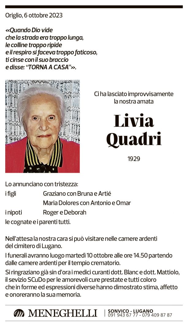 Annuncio funebre Livia Quadri