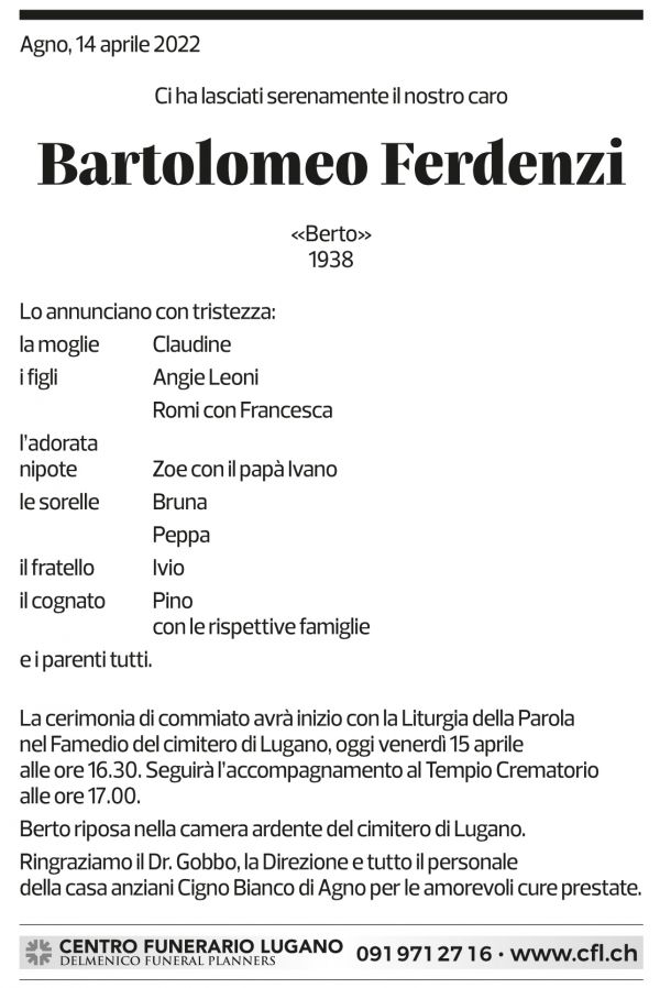 Annuncio funebre Bartolomeo Ferdenzi