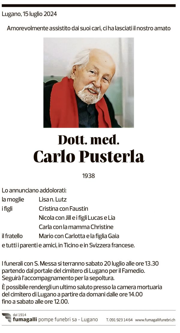 Annuncio funebre Carlo Pusterla