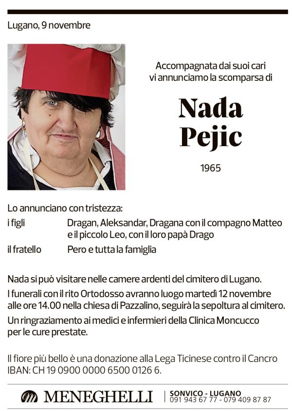 Annuncio funebre Nada Pejic