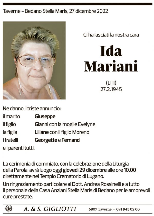 Annuncio funebre Ida Mariani