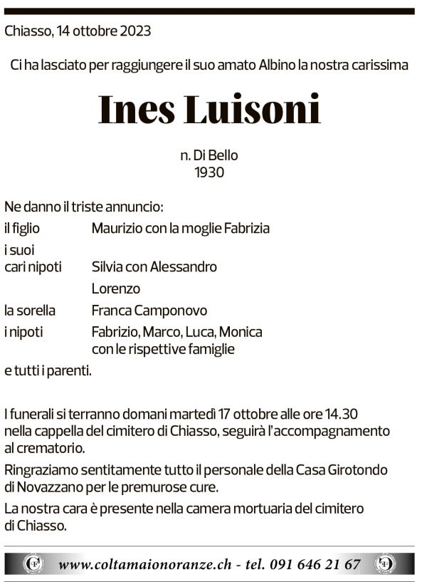 Annuncio funebre Ines Luisoni