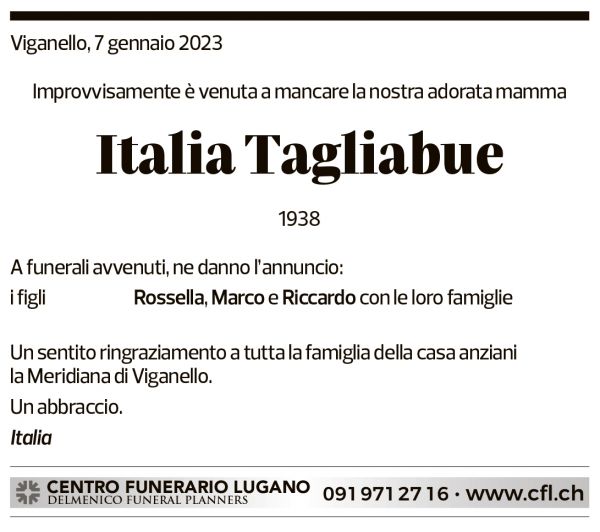 Annuncio funebre Italia Tagliabue