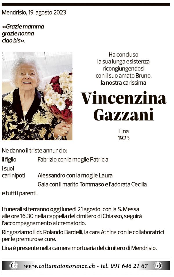 Annuncio funebre Vincenzina Gazzani