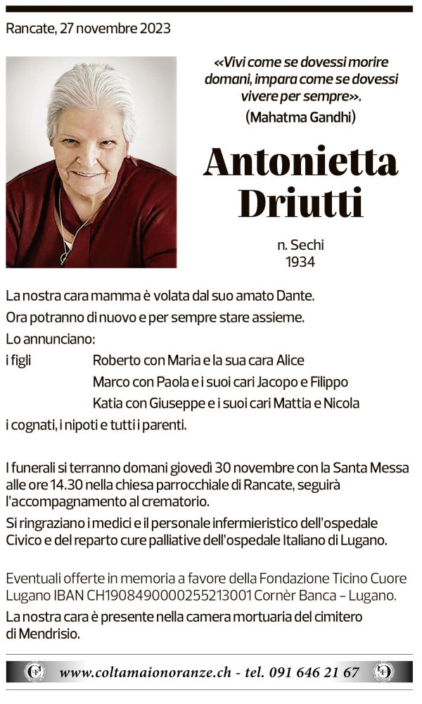 Annuncio funebre Antonietta Driutti