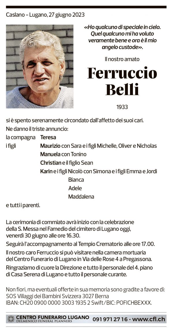 Annuncio funebre Ferruccio Belli