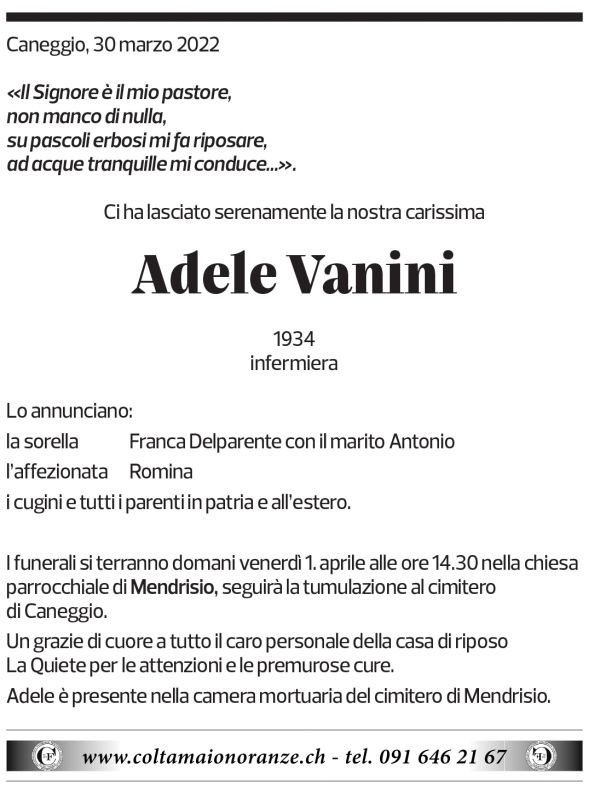 Annuncio funebre Adele Vanini