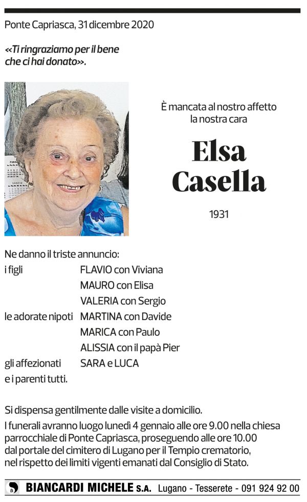 Annuncio funebre Elsa Casella