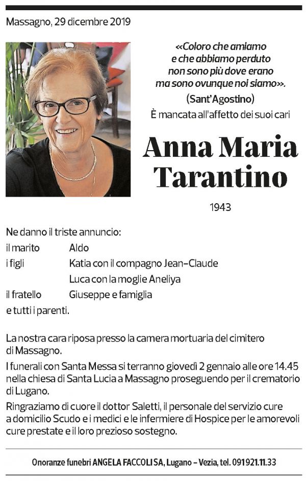 Annuncio funebre Anna Maria Tarantino