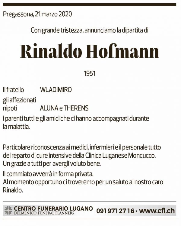 Annuncio funebre Rinaldo Hoffmann