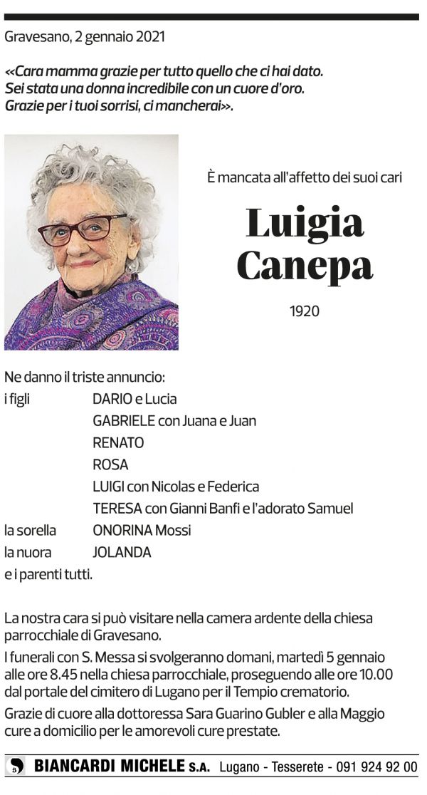 Annuncio funebre Luigia Canepa