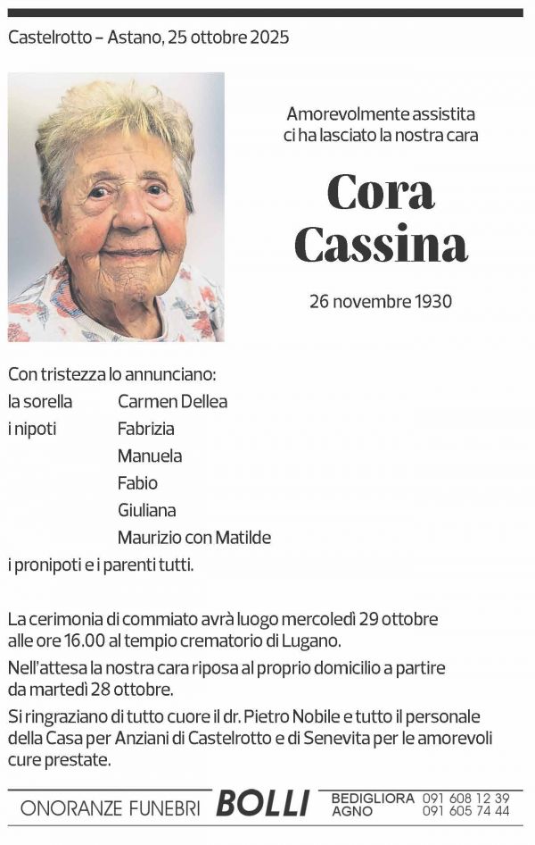 Annuncio funebre Cora Cassina