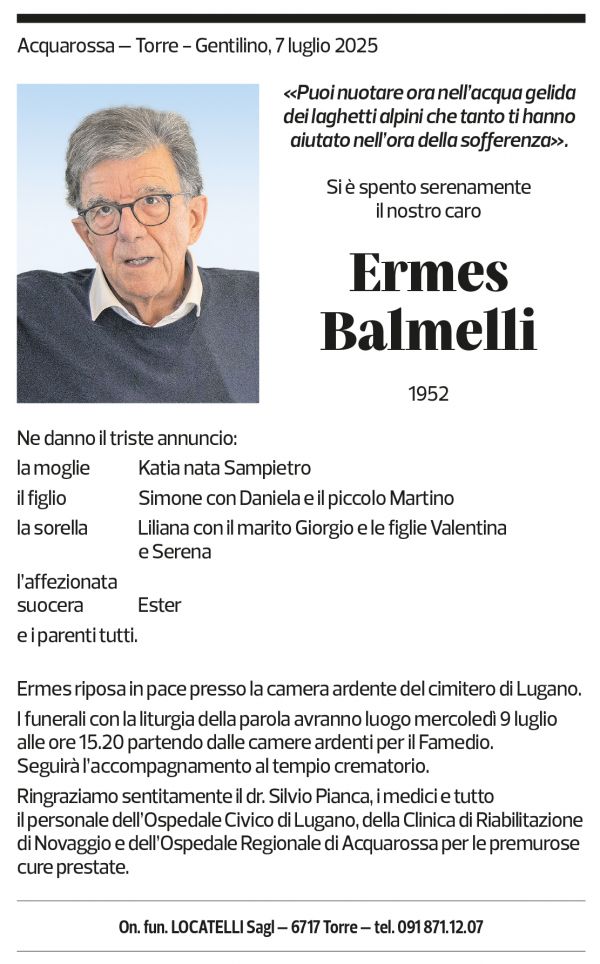 Annuncio funebre Ermes Balmelli