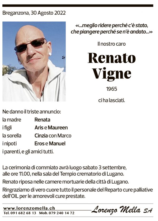 Annuncio funebre Renato Vigne