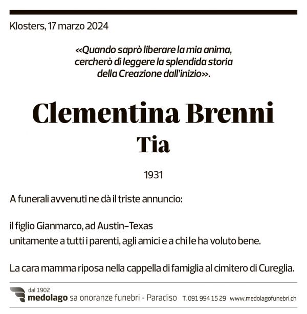 Annuncio funebre Clementina Brenni