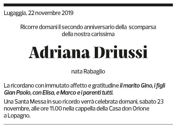 Annuncio funebre Adriana Driussi