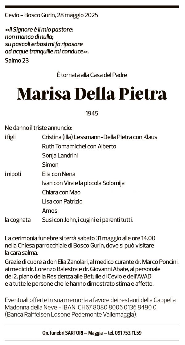 Annuncio funebre Marisa Della Pietra