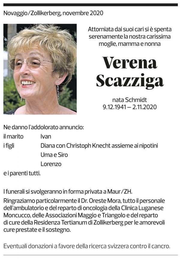 Annuncio funebre Verena Scazziga