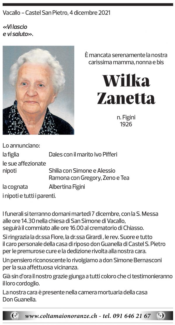 Annuncio funebre Wilka Zanetta