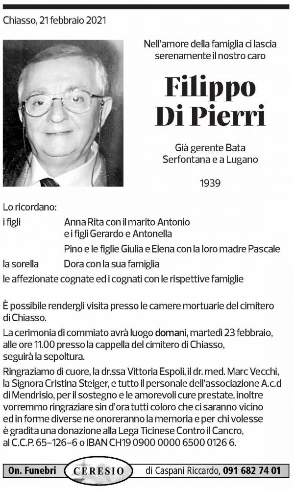 Annuncio funebre Filippo Di Pierri