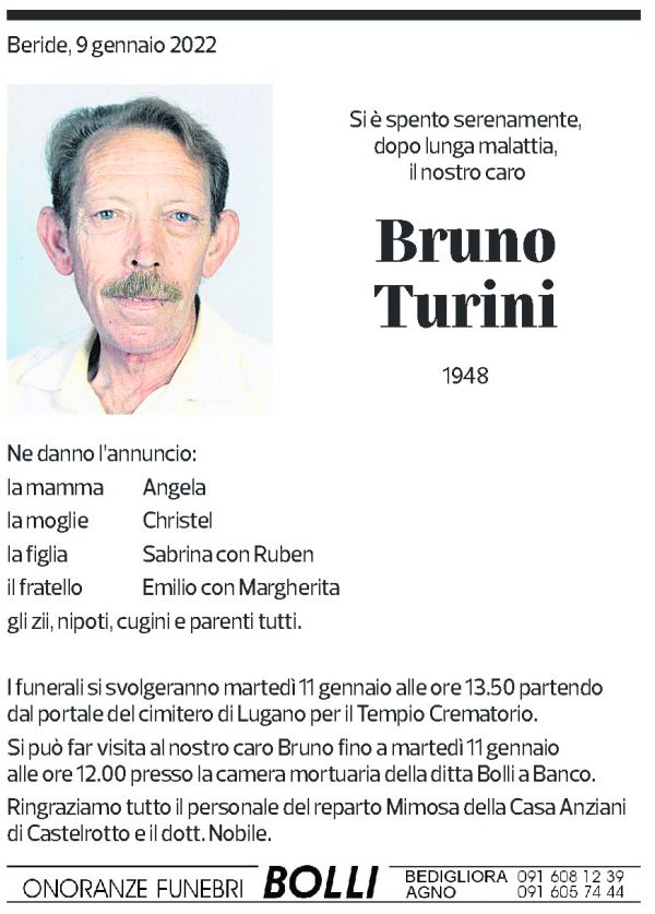 Annuncio funebre Bruno Turini