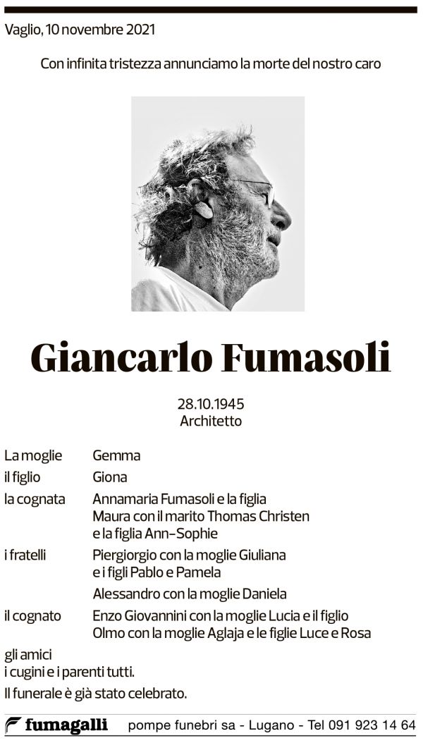 Annuncio funebre Giancarlo Fumasoli