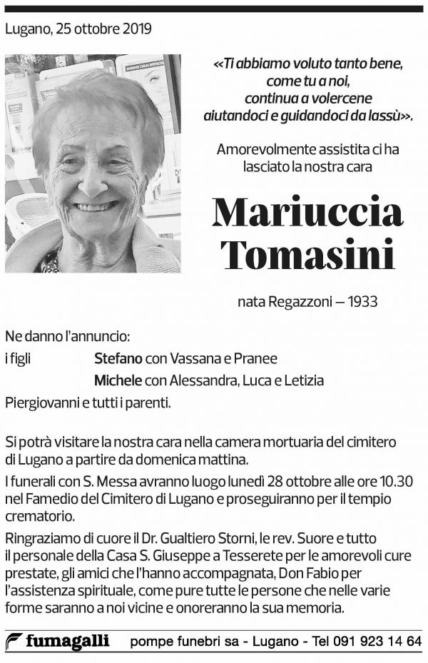 Annuncio funebre Mariuccia Tomasini