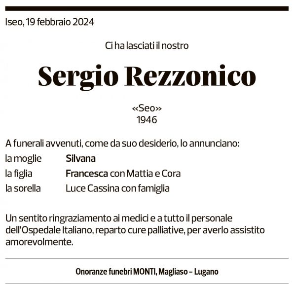 Annuncio funebre Sergio Rezzonico