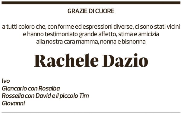 Annuncio funebre Rachele Dazio