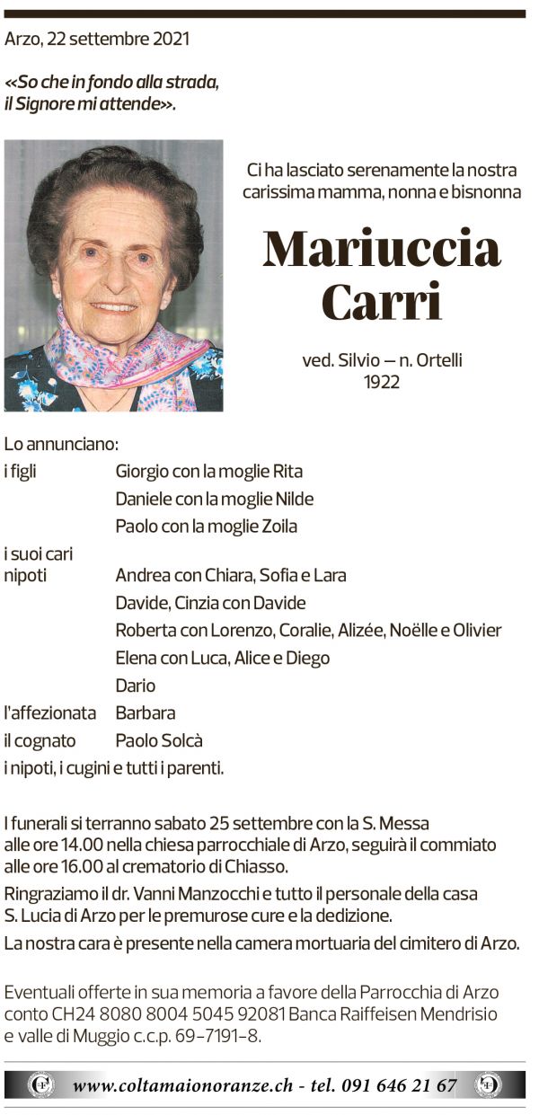 Annuncio funebre Mariuccia Carri