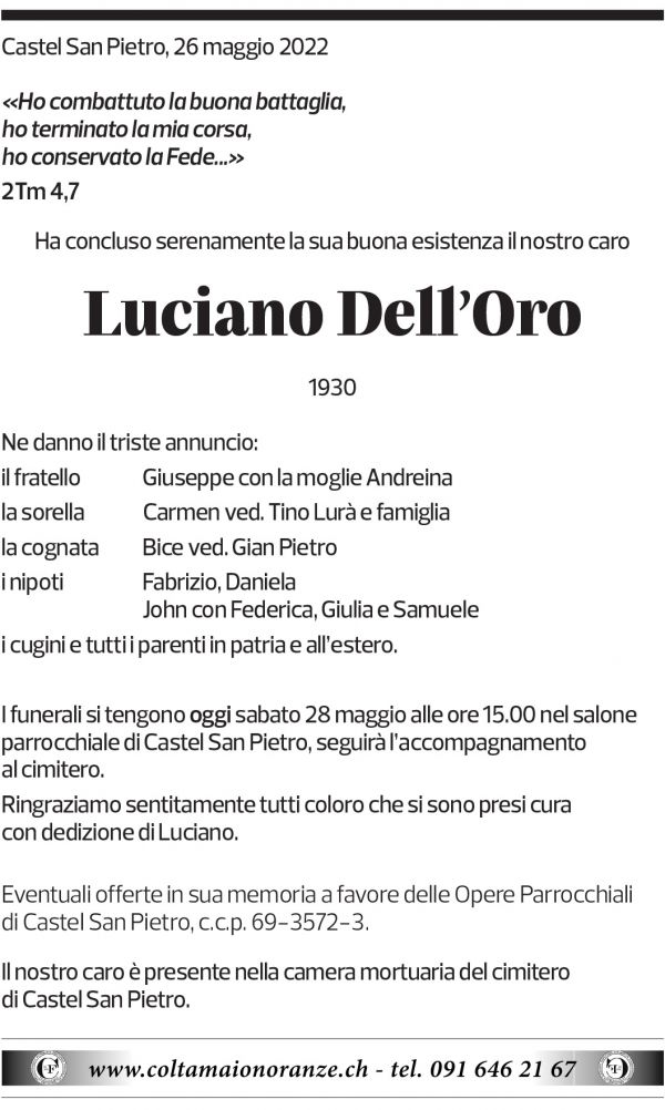 Annuncio funebre Luciano Dell'oro