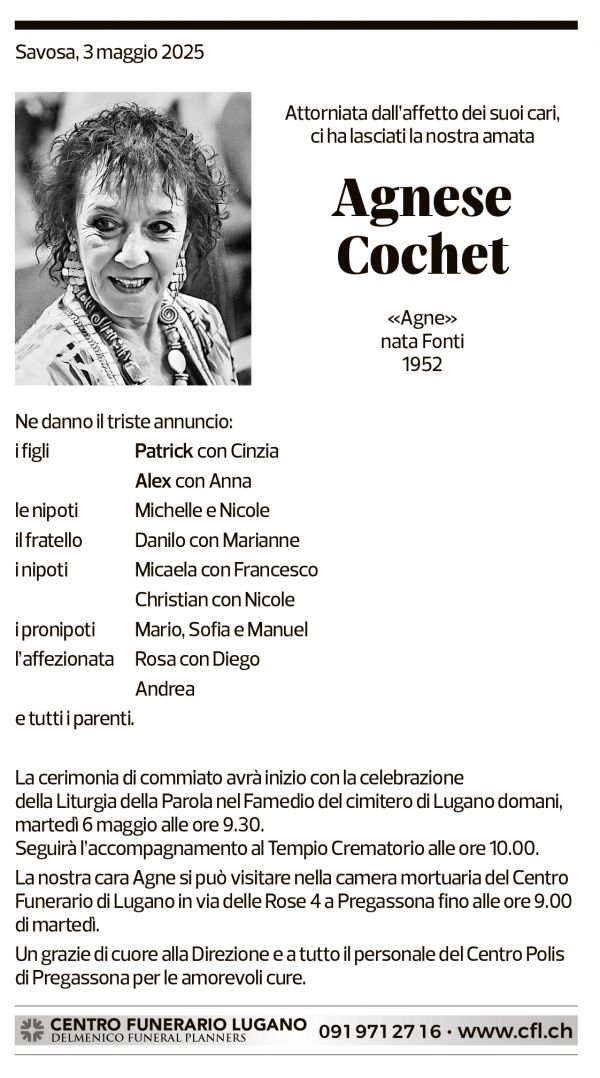 Annuncio funebre Agnese Cochet