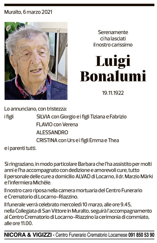 Annuncio funebre Luigi Bonalumi