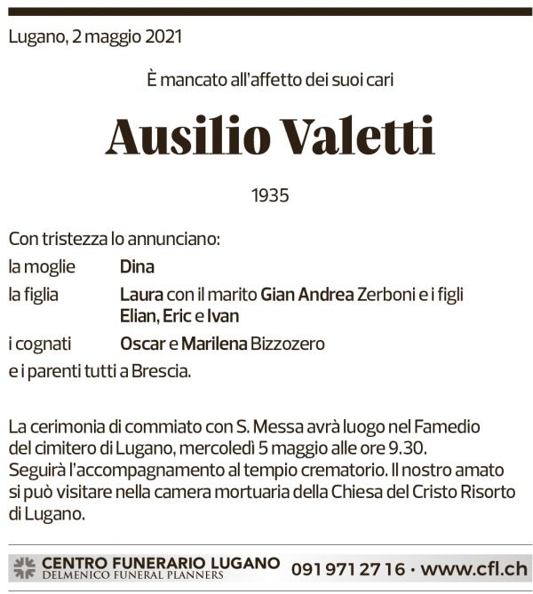 Annuncio funebre Ausilio Valetti