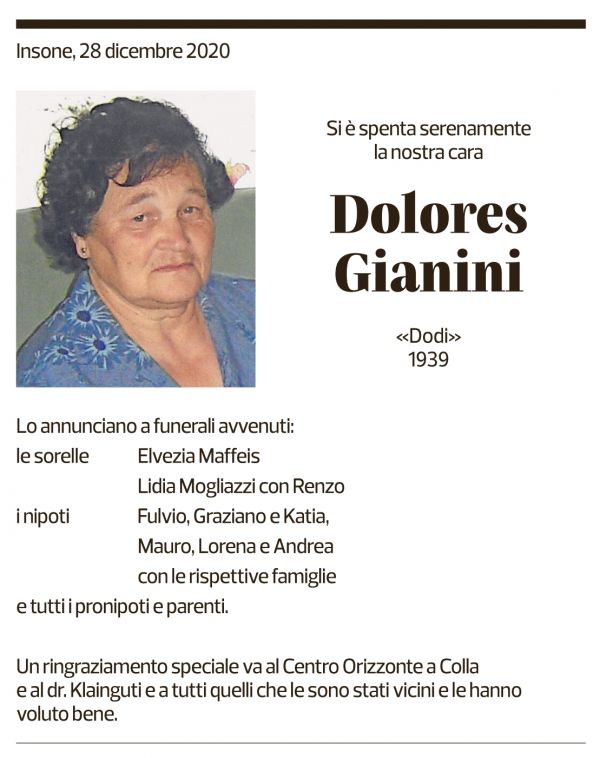 Annuncio funebre Dolores Gianini